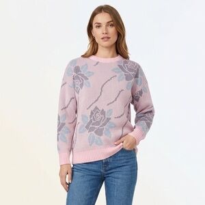Pink & Gray Floral Print Crewneck Knit Sweater Size Medium
